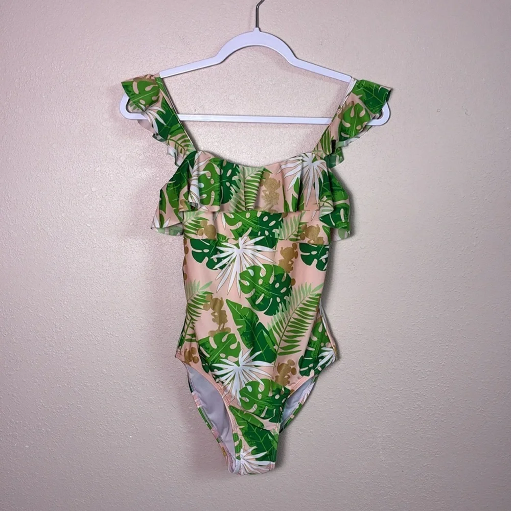 DISNEY Small World Women XS Mickey Mouse Tropical Print One Piece Swimsuit Girly